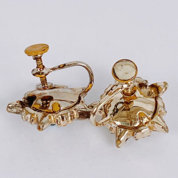 Vintage Aqua Blue Rhinestone Mid Century Atomic Starburst Screw Back Earrings - Picture 8 of 12